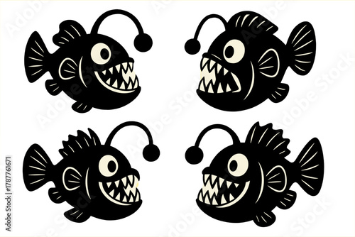 Four stylized cartoon anglerfish deep sea creatures icons