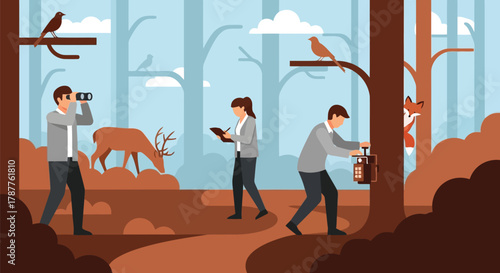 Scientists observe wildlife in forest, one taking photos, another using tablet, and third setting up equipment for research