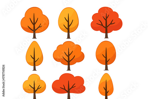 Set of nine stylized deciduous trees with orange and yellow autumn foliage