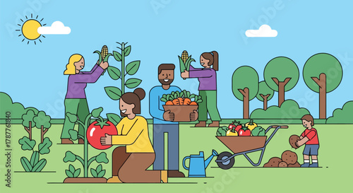 Diverse group of people happily gardening together, harvesting fresh vegetables and fruits under a sunny sky
