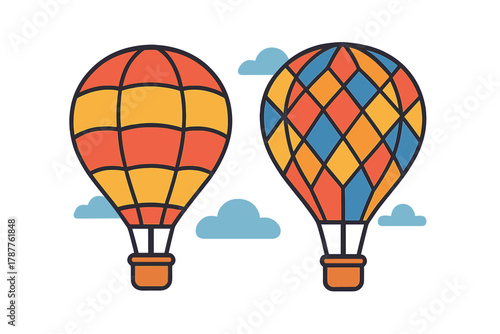 Two colorful hot air balloons flying with stylized clouds