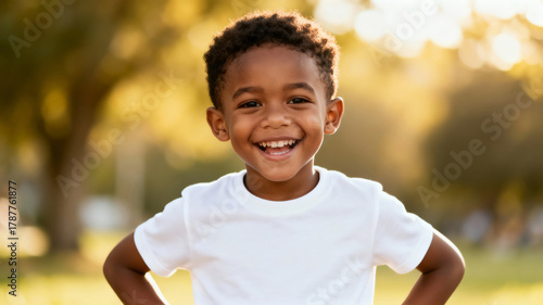 Portrait of  joyful African-American 5-year-old boy in a T-shirt on a white background