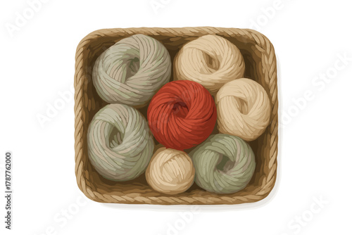Chunky yarn balls assortment in woven basket overhead view