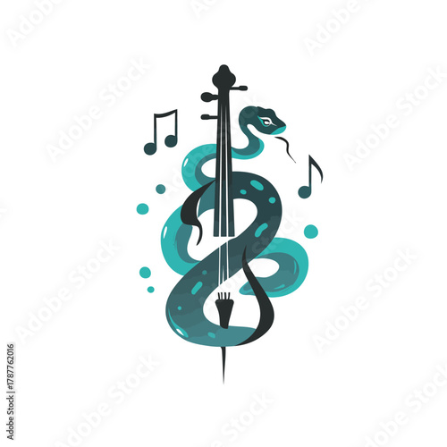 Stylized snake coiling around a cello with musical notes. Unique music instrument and reptile illustration, creative art concept.