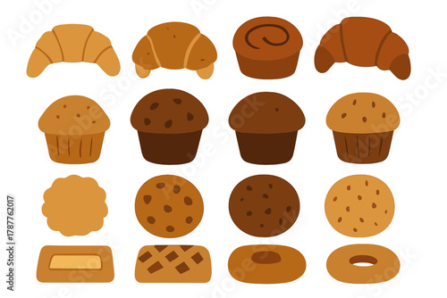 Set of delicious baked goods icons featuring croissants muffins cookies and donuts