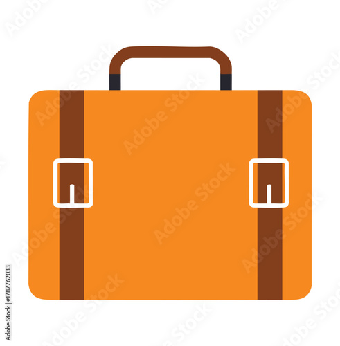 Orange briefcase with brown straps and buckle details Keywords: briefcase, bag, luggage