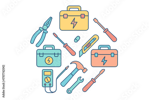 Collection of electrical repair tools and equipment in flat outline style