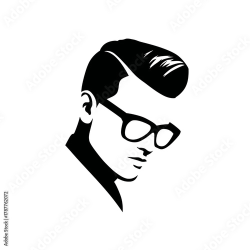Stylish male head illustration with classic pompadour hairstyle and modern eyeglasses, black and white vector graphic design.