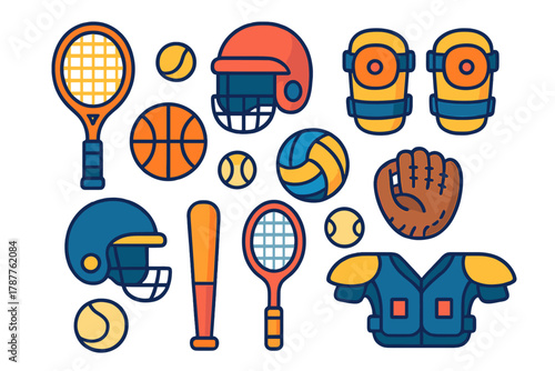 Colorful icons of various sports equipment including balls and protective gear