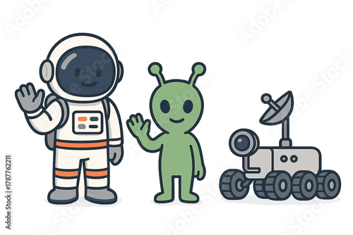 Friendly astronaut alien and space rover waving hello
