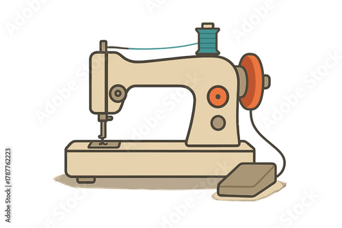 Classic sewing machine with thread spool and foot pedal in vintage style