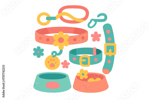 Colorful pet accessories featuring floral and paw print designs