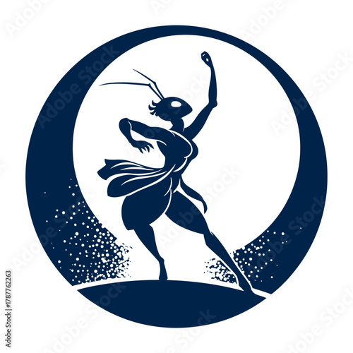 Elegant Ant Dancer Silhouette in Moon Circle. Dynamic anthropomorphic insect character in a graceful pose. Vector art.