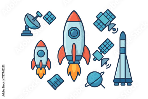 Cartoon space rockets satellites and planet icons for cosmic exploration