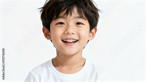 Portrait of a joyful asian 5-year-old boy in a T-shirt on a white background