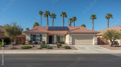 A beautiful stucco single family home with a red tile roof and solar panels on a sunny day with palm trees and blue sky