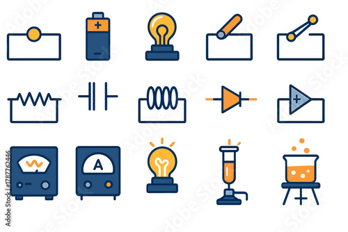 Basic electrical and chemistry science icons and symbols collection