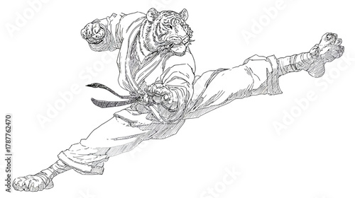 Dynamic anthropomorphic tiger performing a powerful martial arts flying kick in black and white line art illustration.