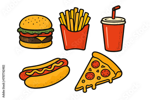 Set of popular fast food items including burger, fries, pizza, and hot dog