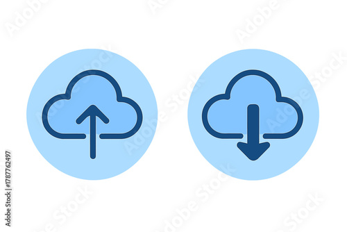 Cloud data transfer icons featuring upload and download arrows within circles