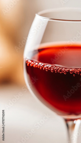 Side rim macro of red wine glass with bead of bubbles