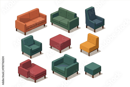 Isometric set of colorful modern upholstered seating furniture elements