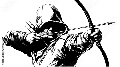 Intense hooded archer drawing bow and arrow, black and white illustration. Focused man aiming for precision target practice.