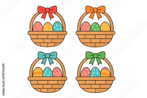 Four colorful Easter baskets with decorated eggs and bows