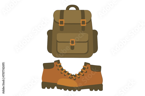 Hiking backpack and leather boots set for outdoor adventure
