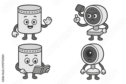 Four anthropomorphic characters showing various emotions and actions