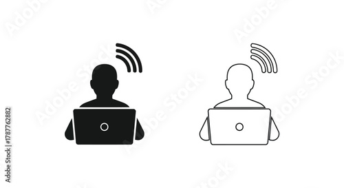 Vector art of silhouette of person using laptop with wifi signal, representing remote work, online connectivity, and wireless communication