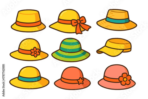Colorful summer hats and sun visors icons collection