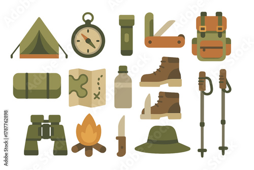 Camping and hiking equipment icons for outdoor adventure and travel