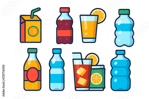Colorful assortment of beverage containers and drinks icons