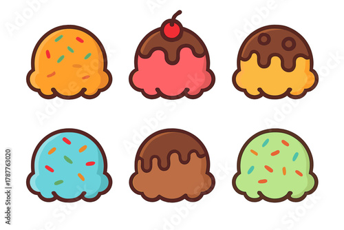 Six colorful ice cream scoops with various toppings and sprinkles