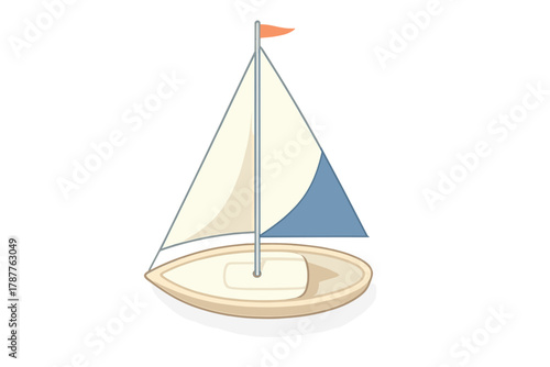 Stylized cartoon sailboat with beige hull and blue accent sail