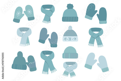 Collection of blue knitted winter hats scarves and mittens icons