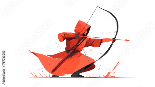 Red Hooded Archer Aiming Bow and Arrow in Dynamic Crouching Pose. Mysterious Warrior Illustration on White Background.