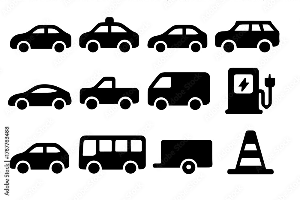 Fototapeta premium Black silhouette icons for diverse vehicles and essential traffic safety elements