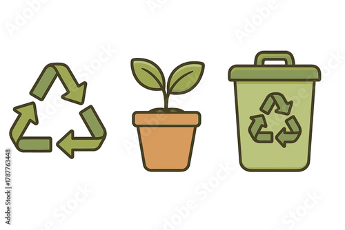 Recycle symbol potted plant and garbage bin icons collection