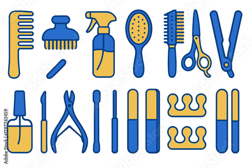 Colorful icons for hair styling and nail care instruments