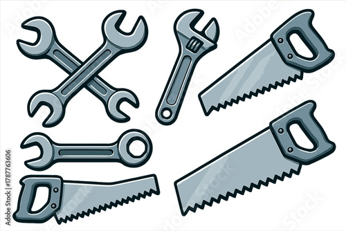Assortment of metal wrenches and hand saws for repair and construction