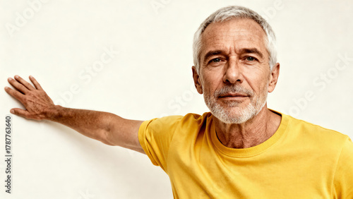 Portrait of a handsome elderly man in a T-shirt posing on a white background