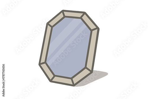 Octagonal standing vanity mirror with beige frame and subtle shadow