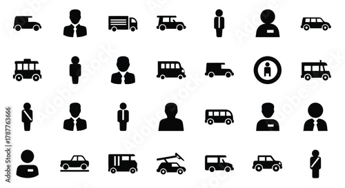 Vector art of transportation and people icon set includes various vehicles and people in different poses and professions
