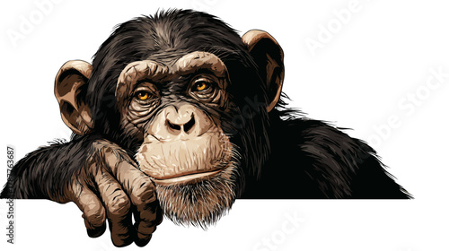 Detailed realistic illustration of a chimpanzee peeking over a white border, looking directly at the viewer. Primate wildlife portrait.