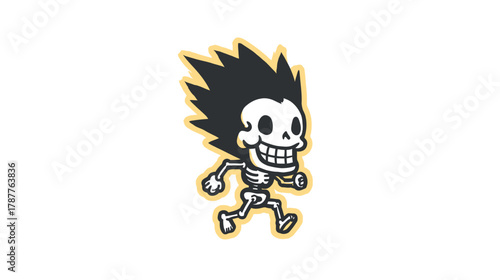 Energetic Cartoon Skeleton Character Running - Quirky Illustration with Spiky Hair and Big Smile, Fun Halloween Design Element