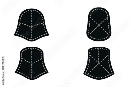 Four black leather patches with dashed stitching outlines and internal seam details
