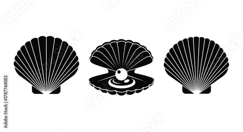 Vector art of three black seashell icons, two closed and one open with a pearl