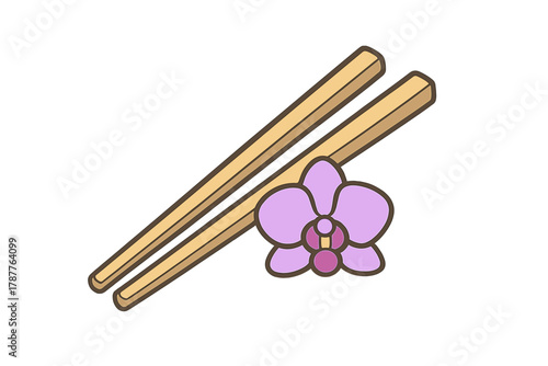 Crossed wooden chopsticks with purple orchid flower icon design